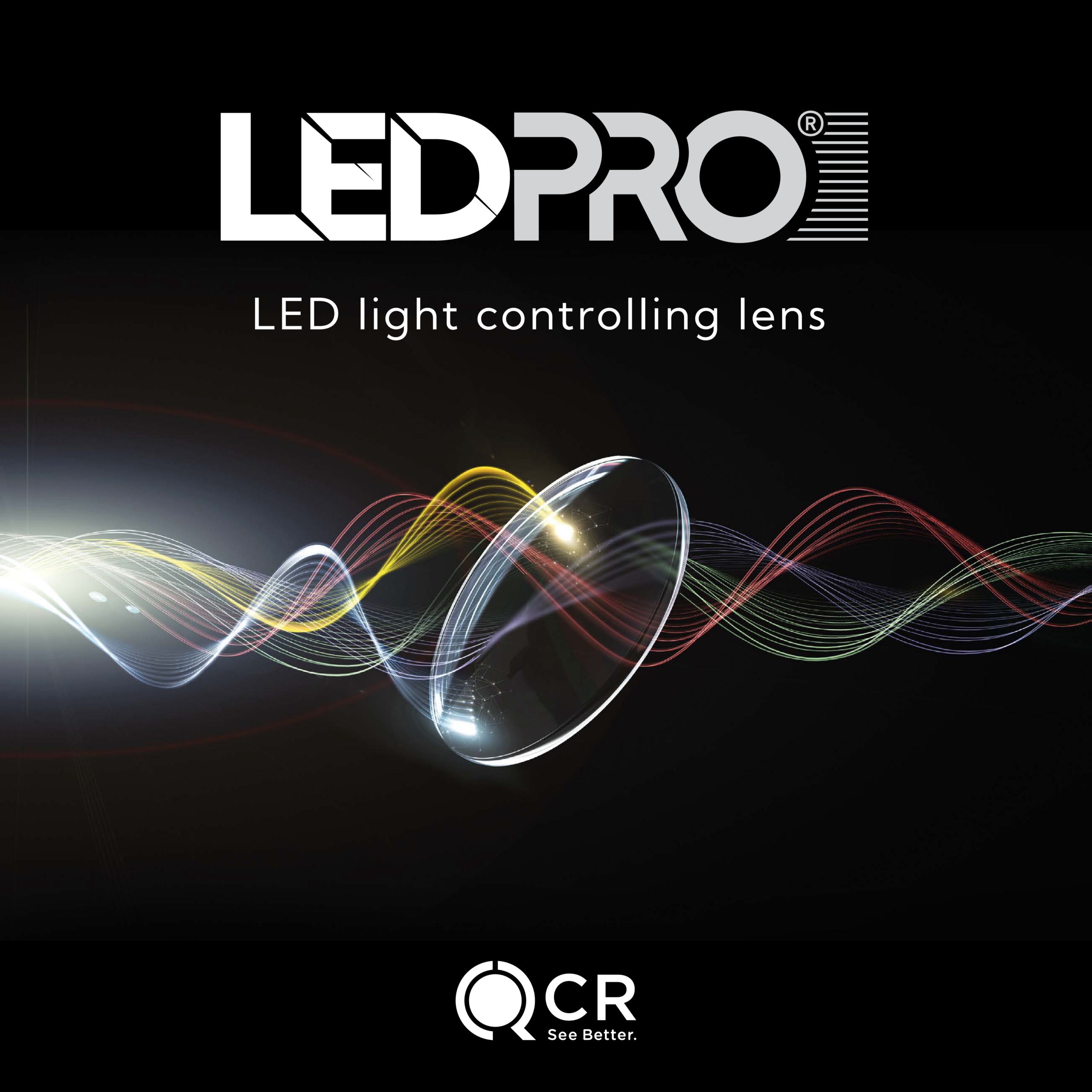 LED PRO light-controlling lens graphic with a clear lens and coloured light waves
