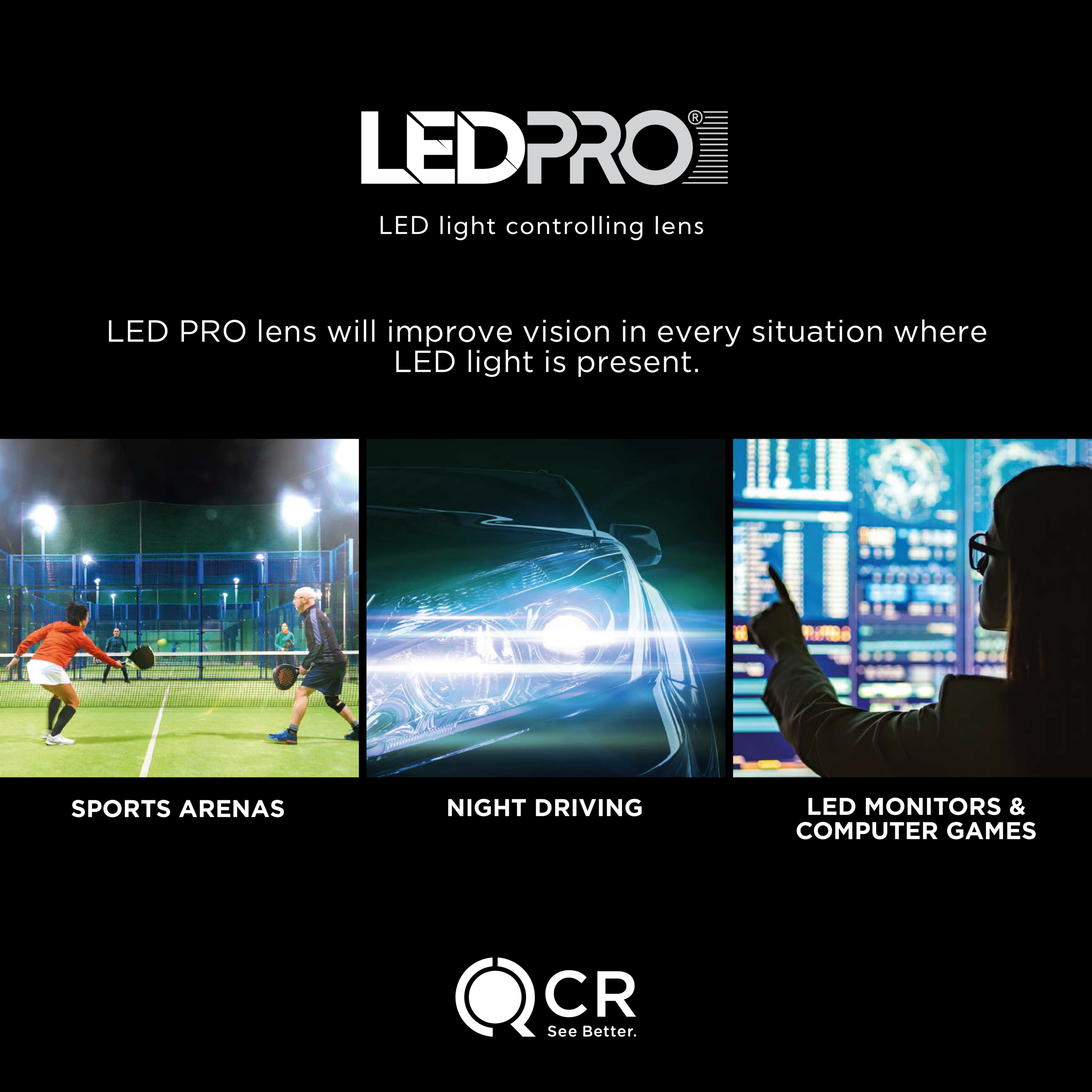 LED PRO lens applications for sports arenas, night driving, LED monitors and computer games