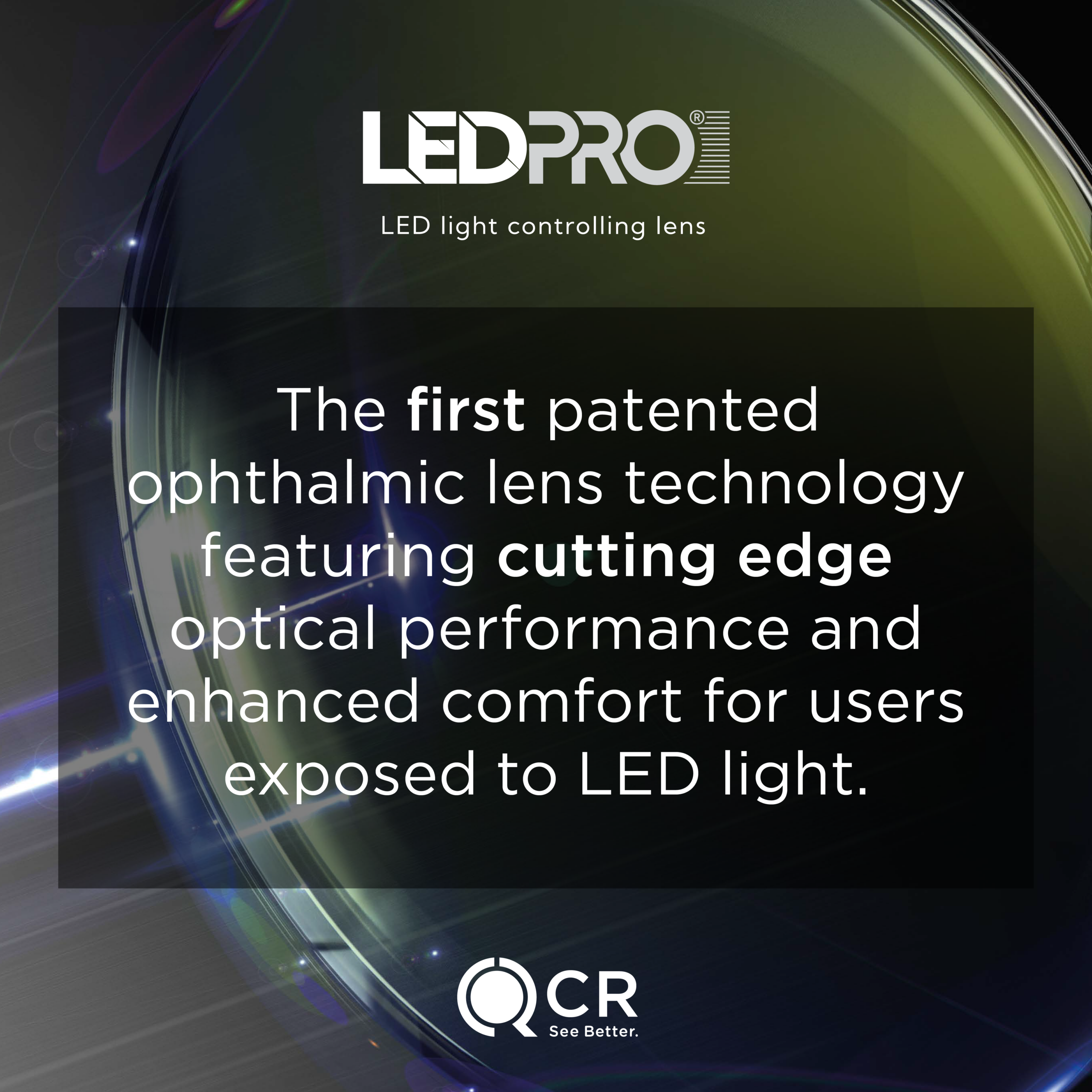 LED PRO patented ophthalmic lens technology graphic describing optical performance and comfort under LED light