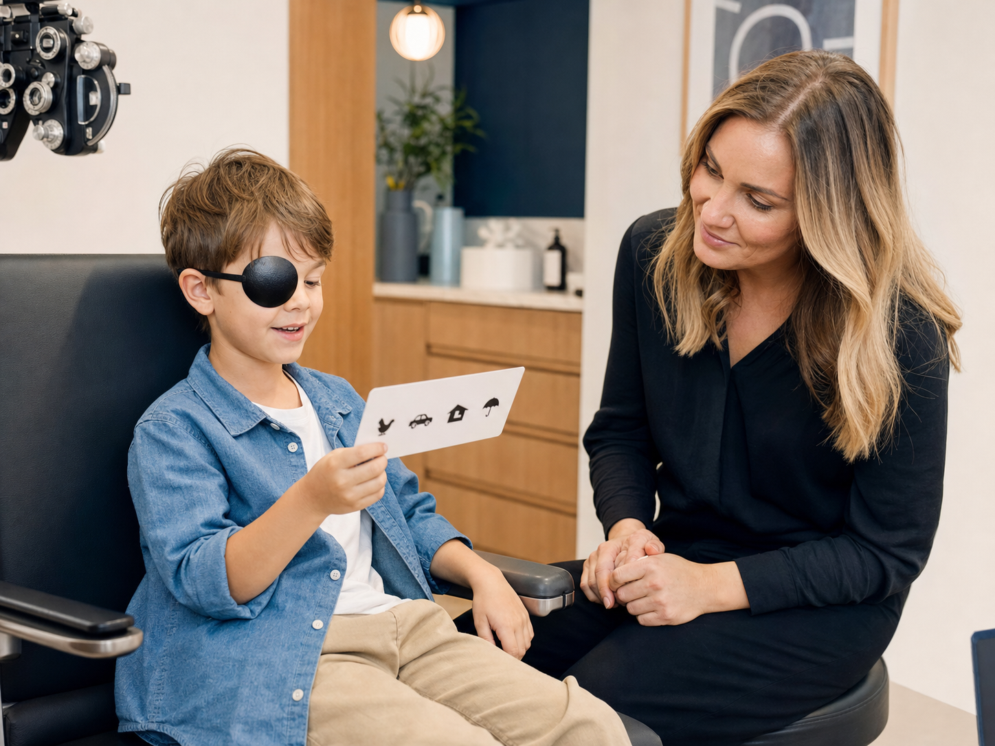 A child completing a near-vision assessment with an optometrist