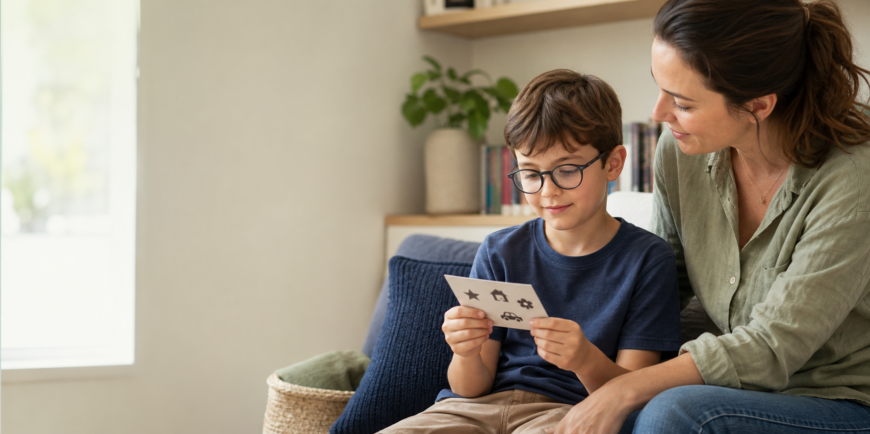 Child wearing glasses looking at a picture card with a parent nearby