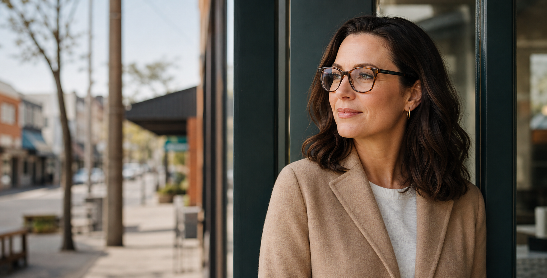 Woman wearing prescription glasses looking across a Melbourne streetscape