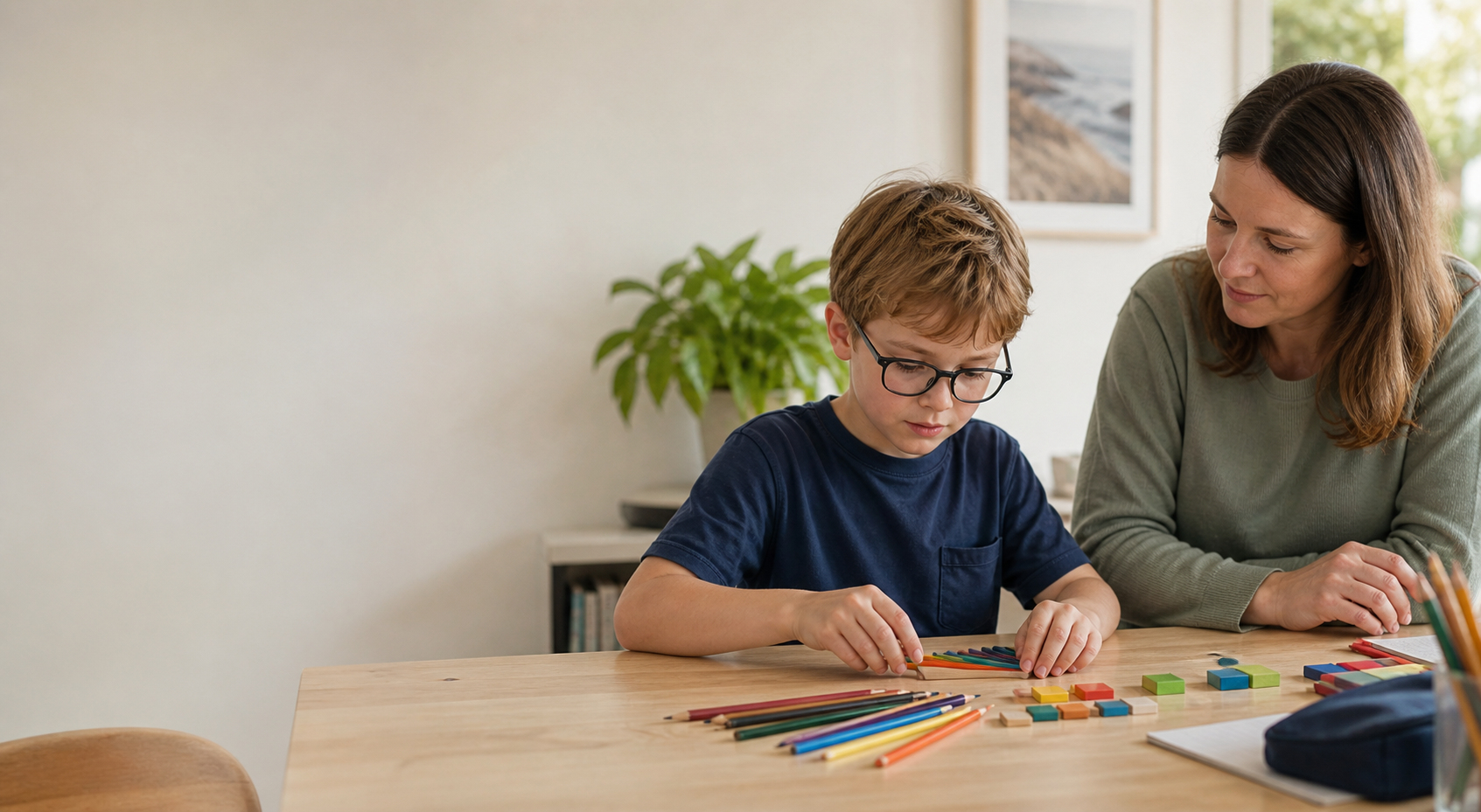 Child wearing glasses sorting coloured pencils and blocks with a parent nearby