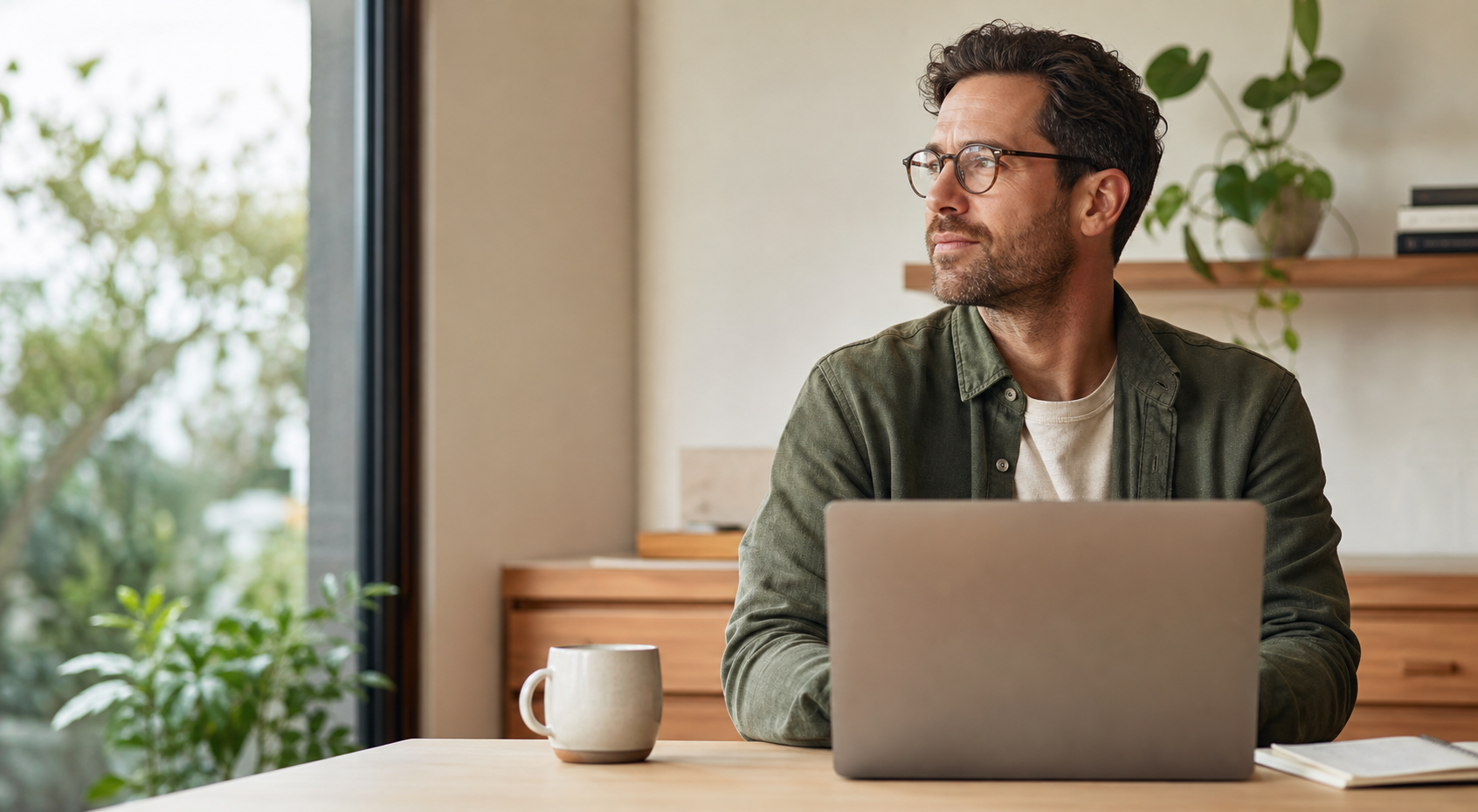 Person wearing glasses looking away from a laptop during a screen break