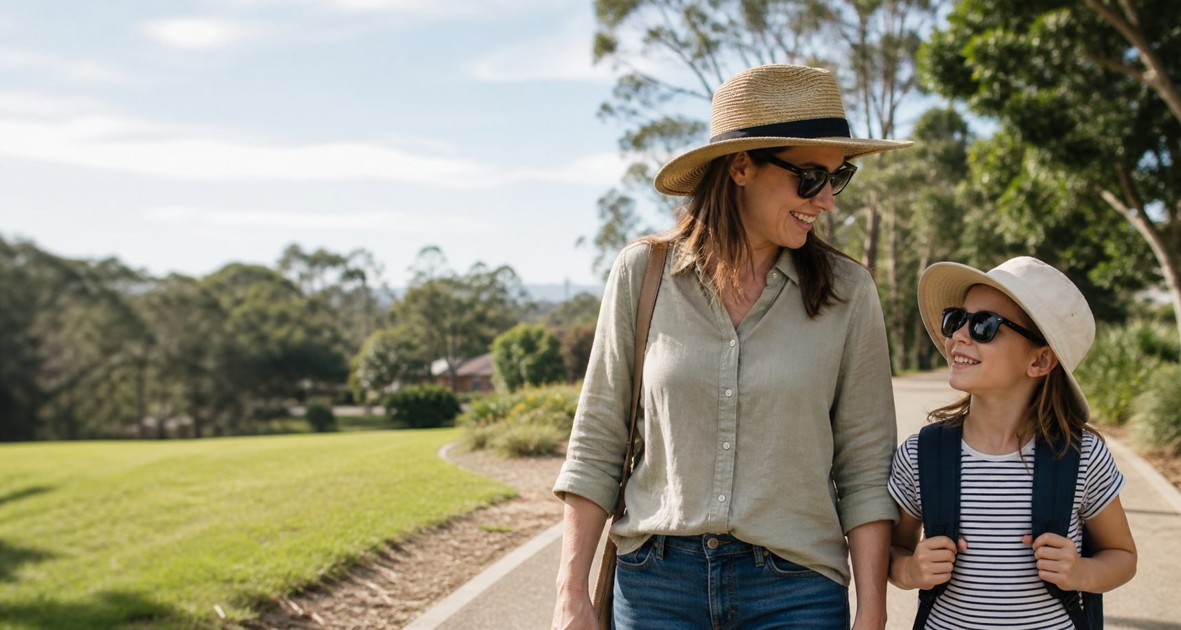 Parent and child wearing sunglasses and broad-brimmed hats outdoors