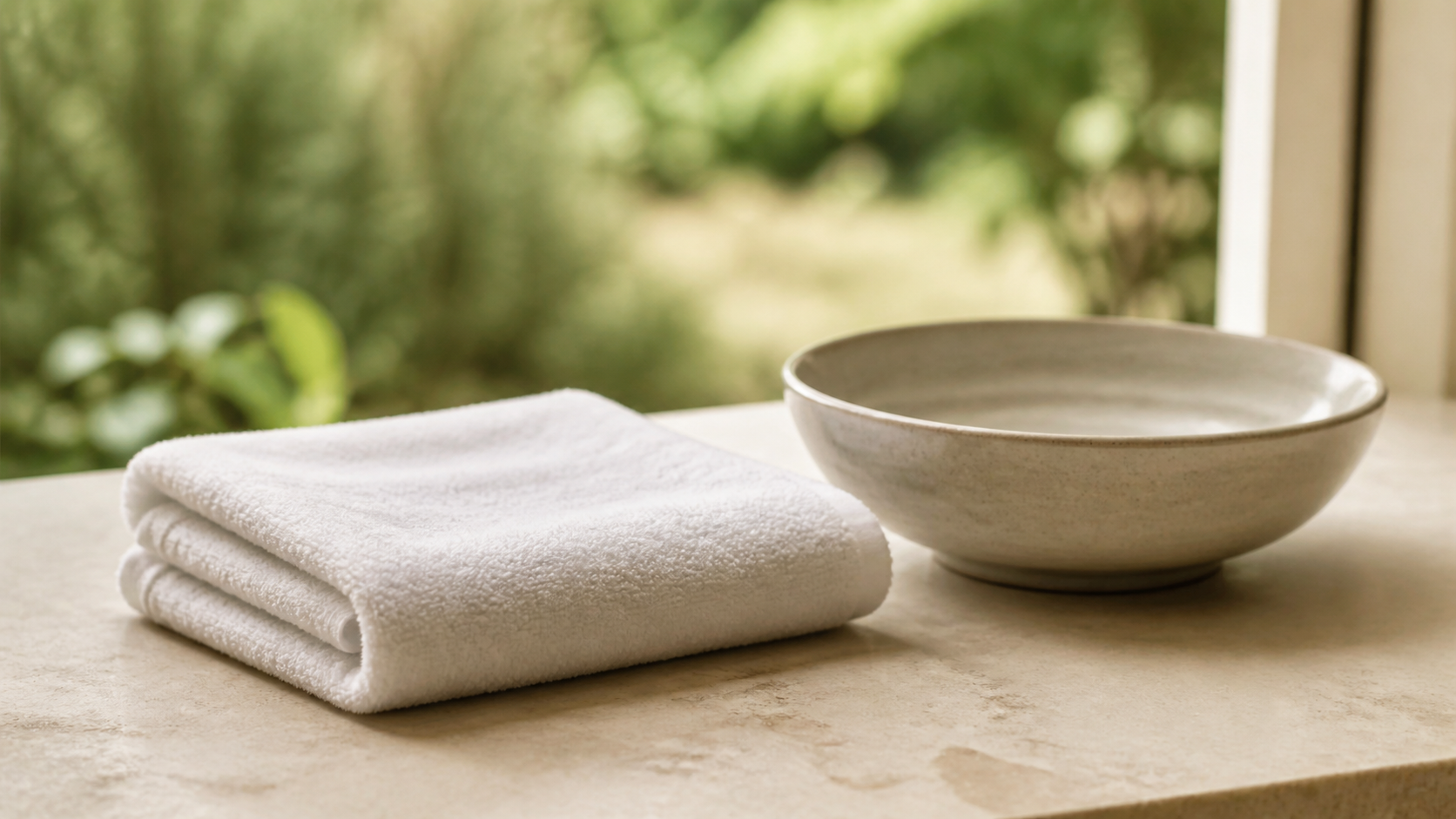 A folded white washcloth beside a ceramic bowl in soft natural light