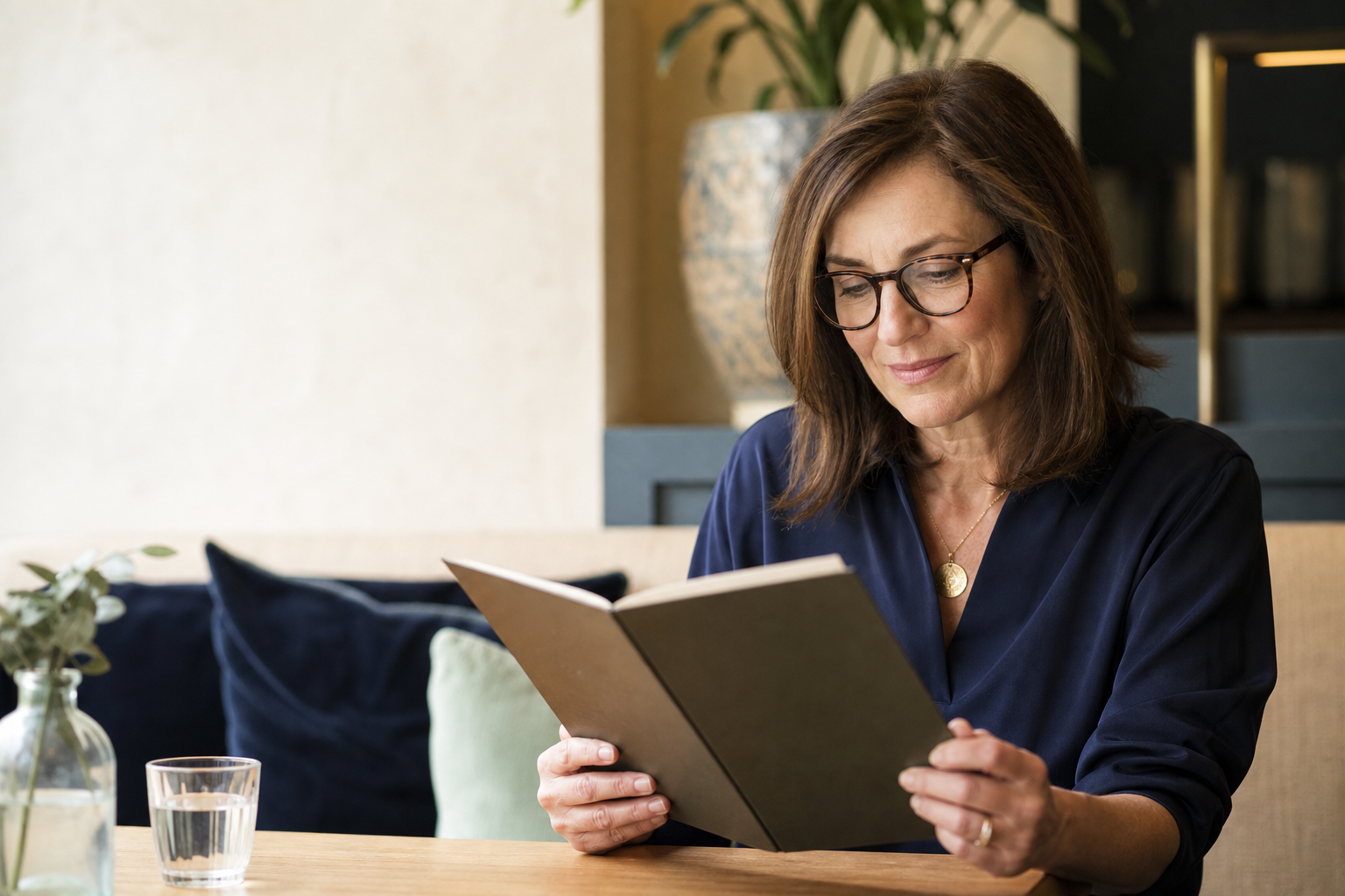 Woman wearing reading glasses while comfortably reading at a table