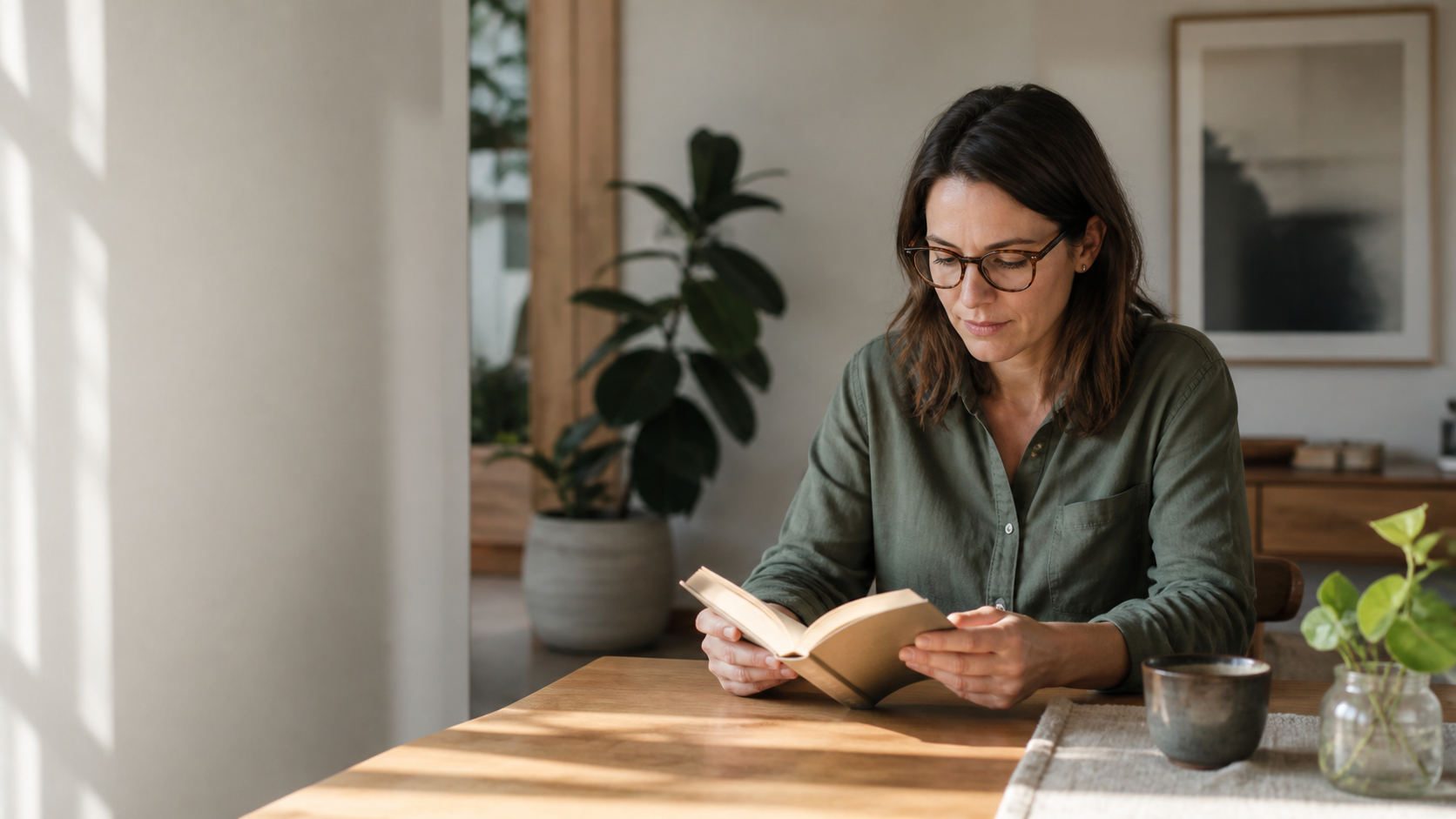 Adult wearing prescription glasses while reading a book at home
