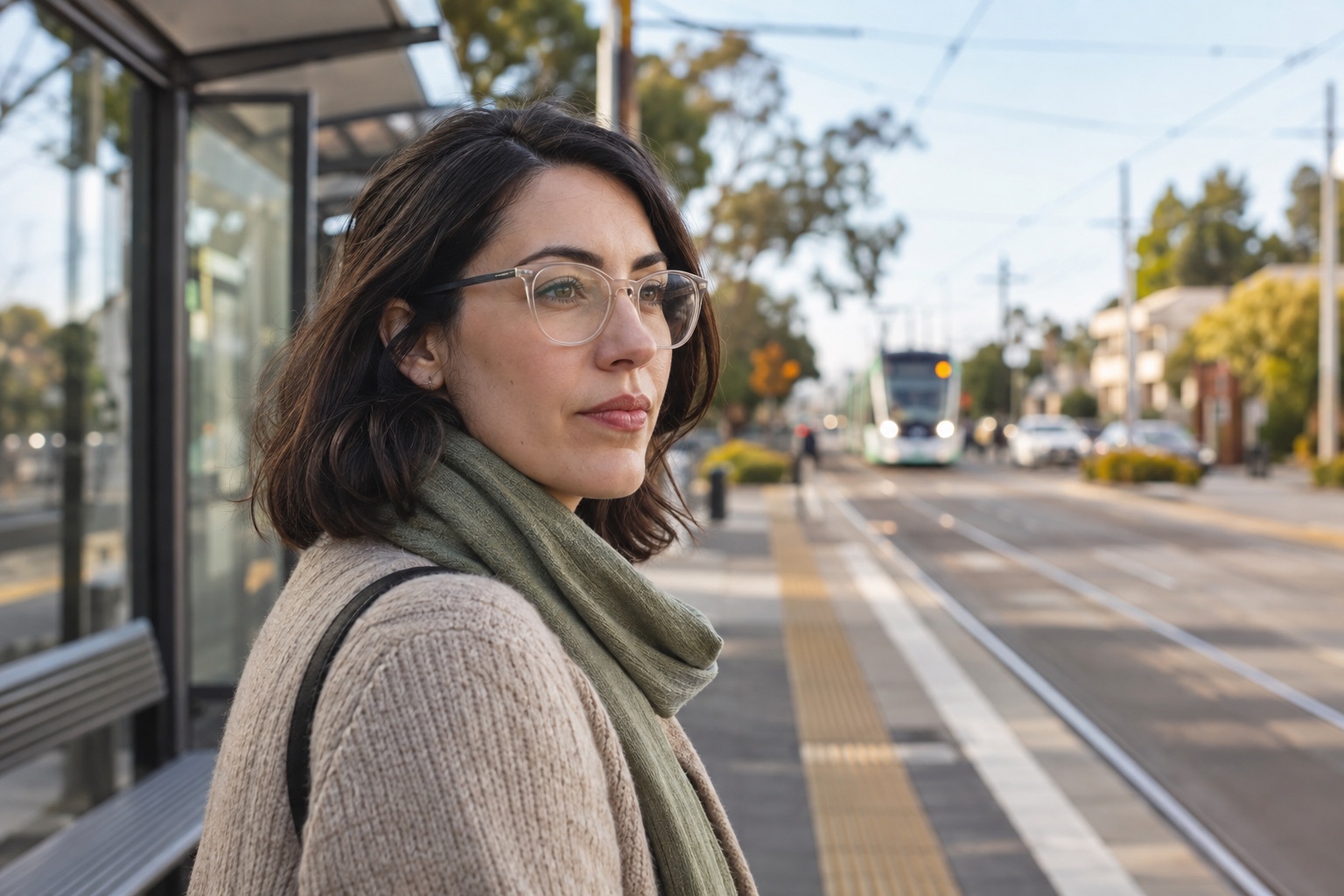Adult wearing clear-lens glasses at a suburban tram stop, with a tram in the distance.
