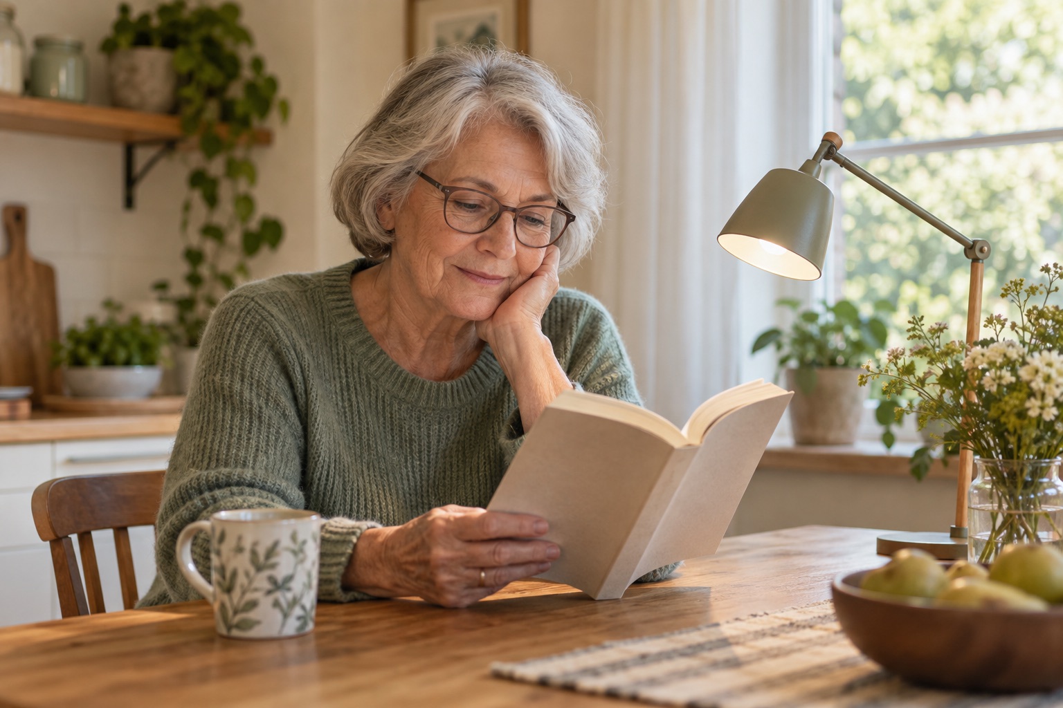 An older adult wearing glasses reads a book beside a window and an adjustable reading lamp.