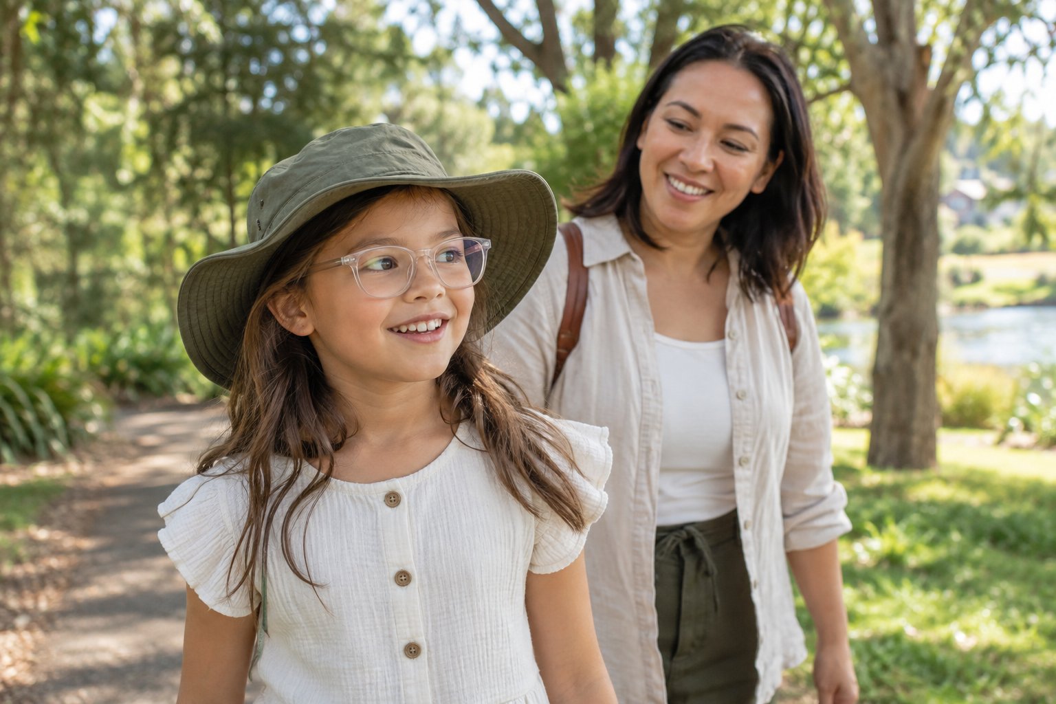 Child wearing clear glasses and a broad-brimmed hat beside a parent in a leafy park.