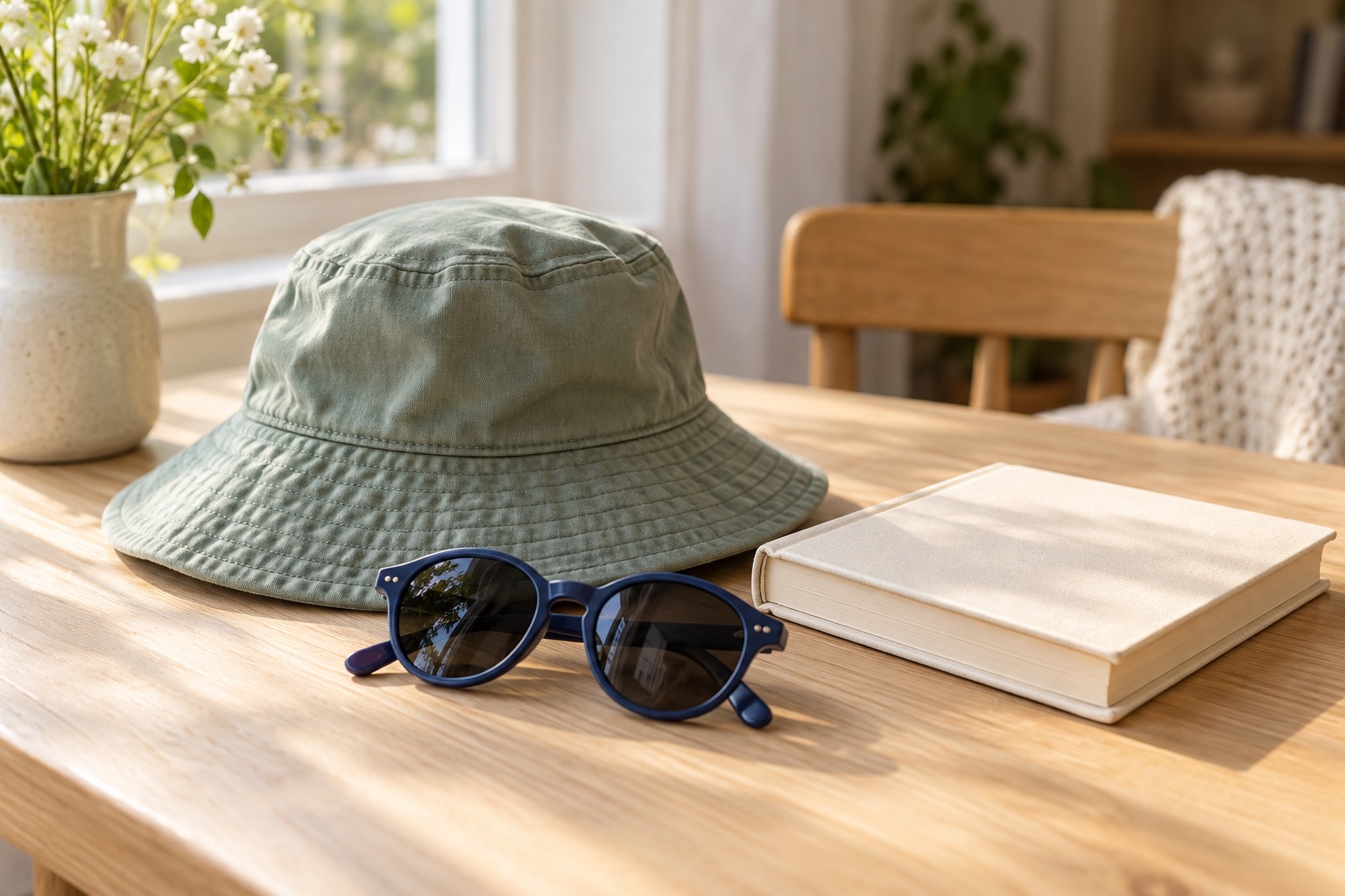 A child-sized sunhat, navy sunglasses and a closed book ready for an eye-test visit.