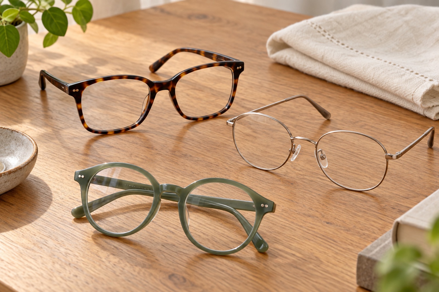 Three unbranded spectacle frames with different shapes and bridge styles on a timber table.