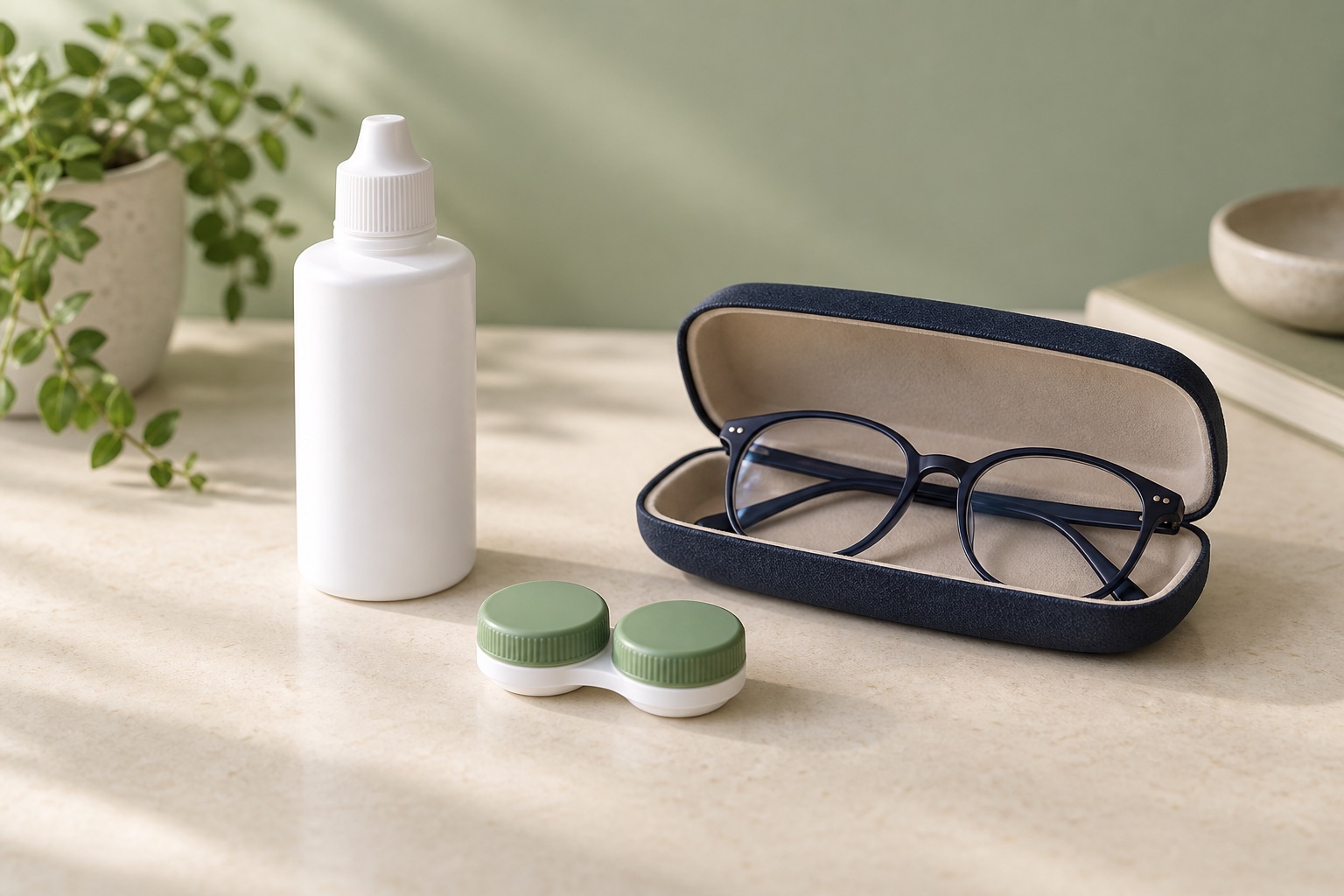 A closed contact lens case, care-solution bottle and backup glasses on a dry surface.