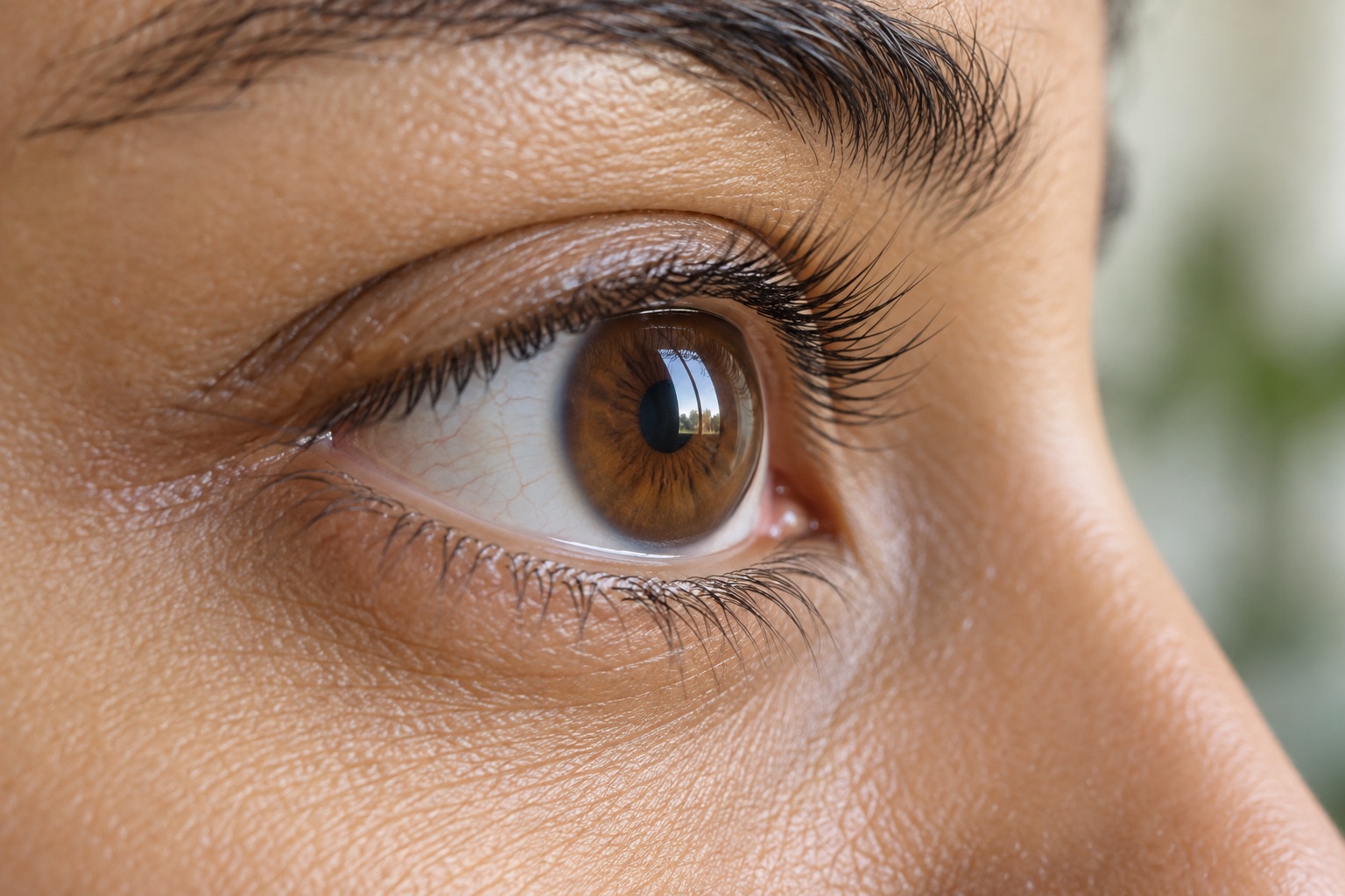 Close-up of a brown eye in soft daylight.