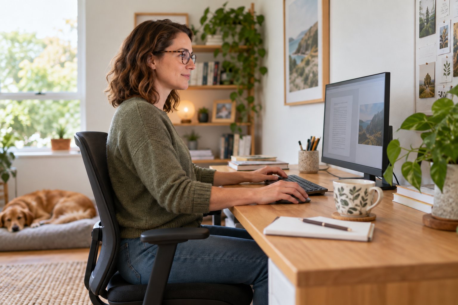 Woman wearing glasses at a desk with a separate monitor and keyboard, lit from a side window.