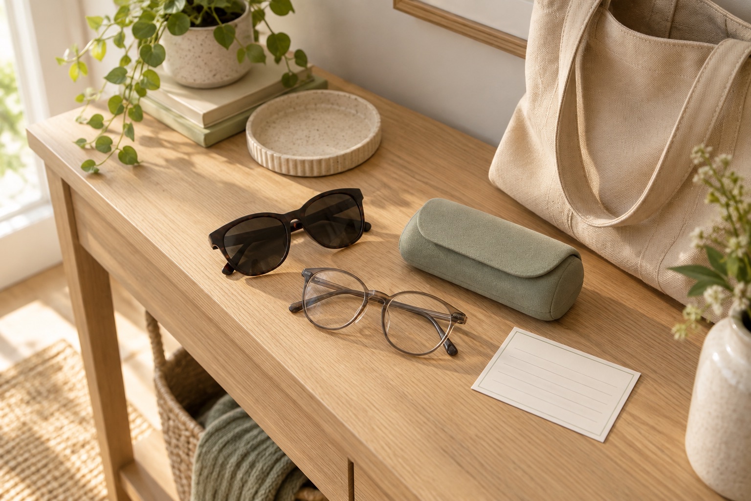 Sunglasses, clear spectacles and a sage glasses case beside a tote bag on a timber table.