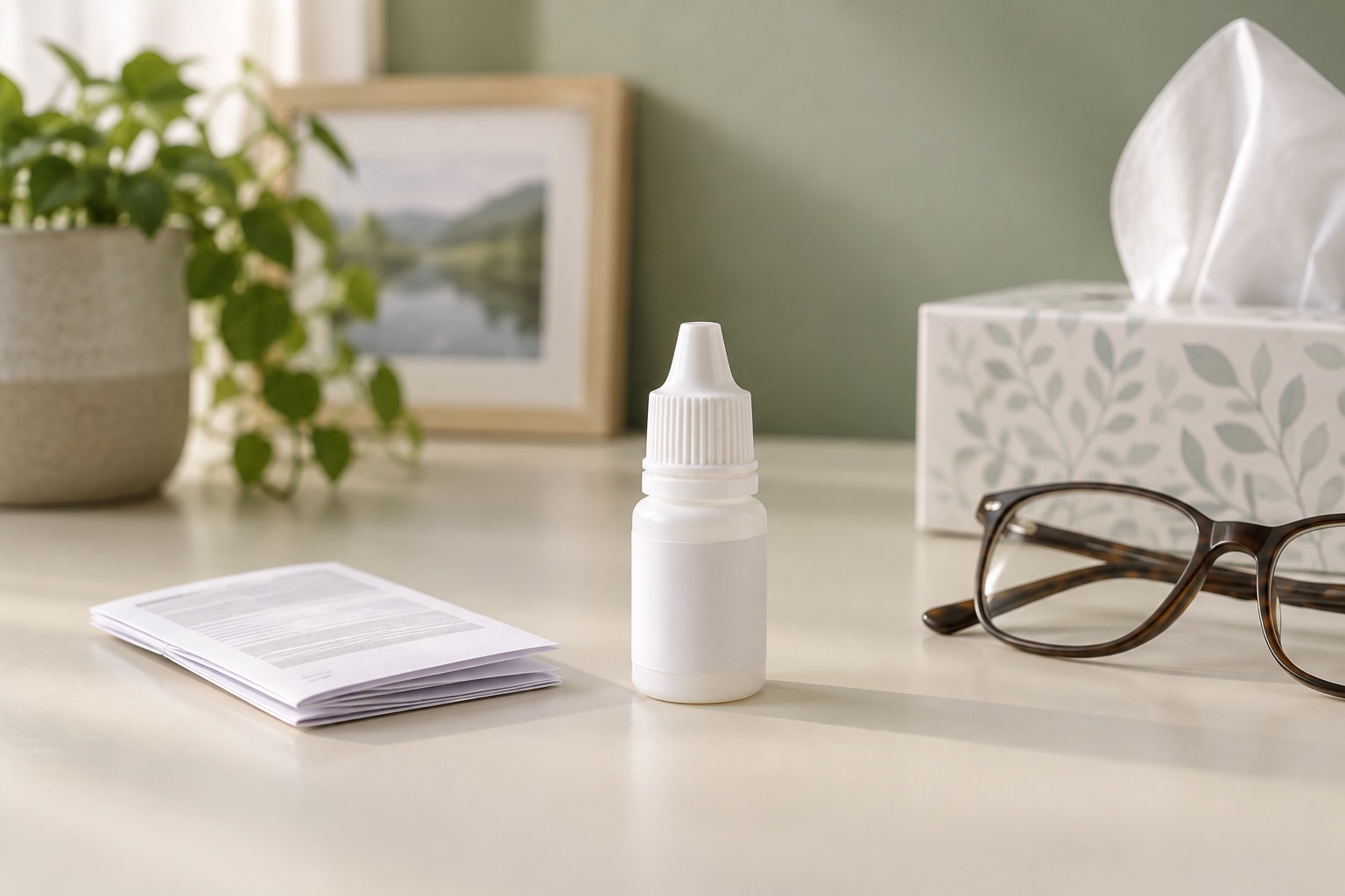 A capped eye-drop bottle beside an instruction leaflet, glasses and tissues.