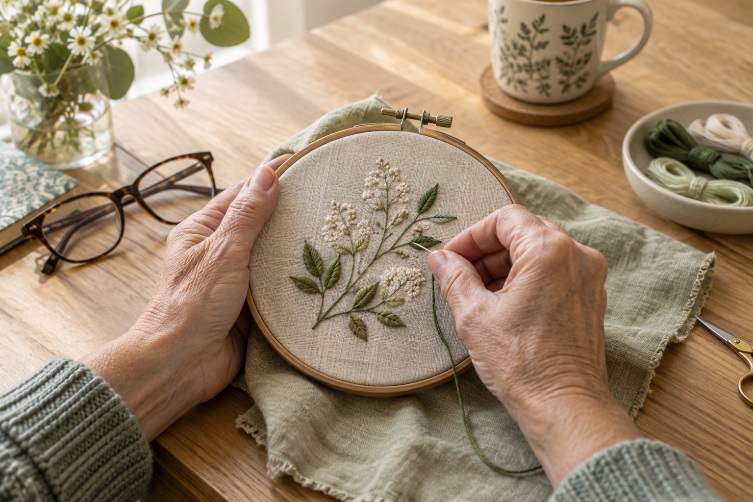 Hands working on botanical embroidery, with reading glasses beside the hoop.
