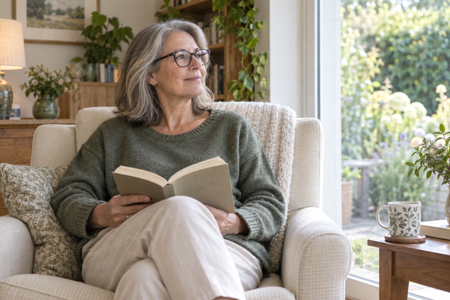 Woman wearing glasses looking up from an open book towards a garden window.