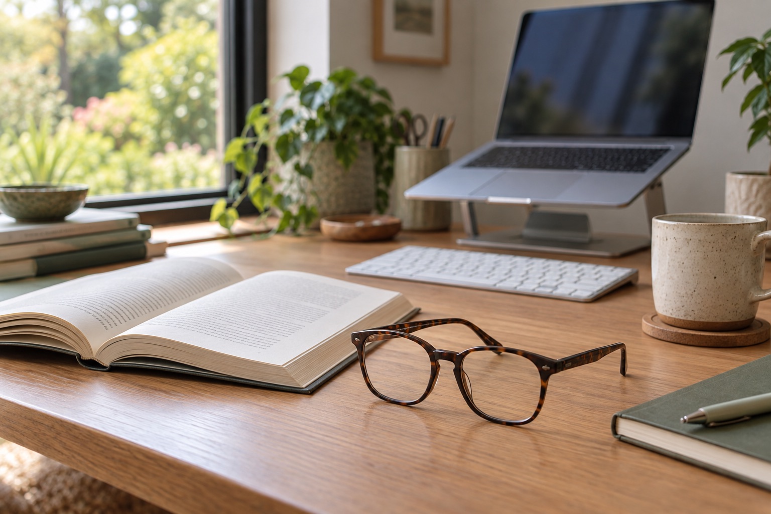 Glasses and an open book on a desk with a raised laptop and separate keyboard.