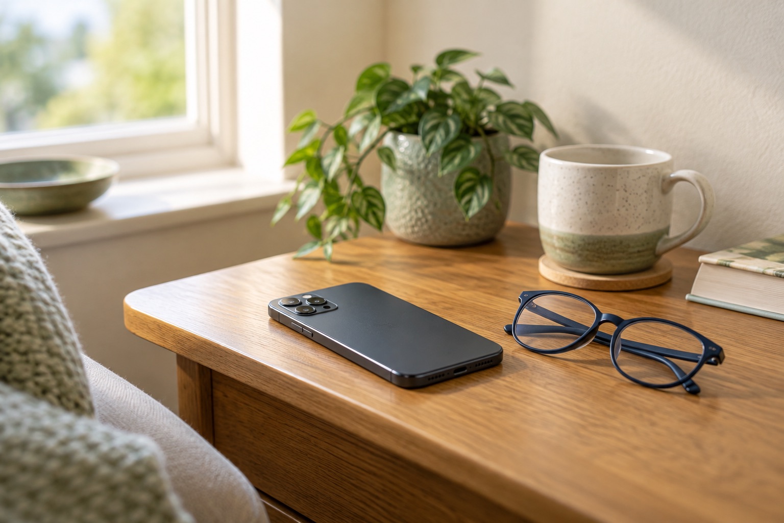 A mobile phone and glasses on a table beside a daylight window.