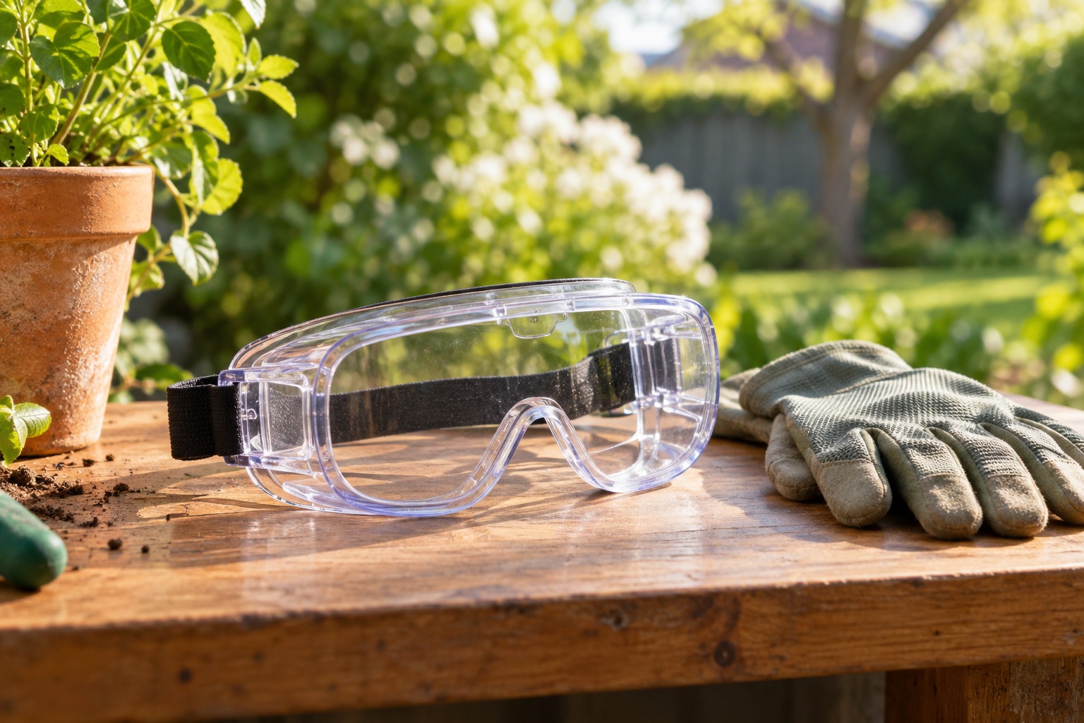 Clear protective goggles beside gardening gloves on a timber bench.