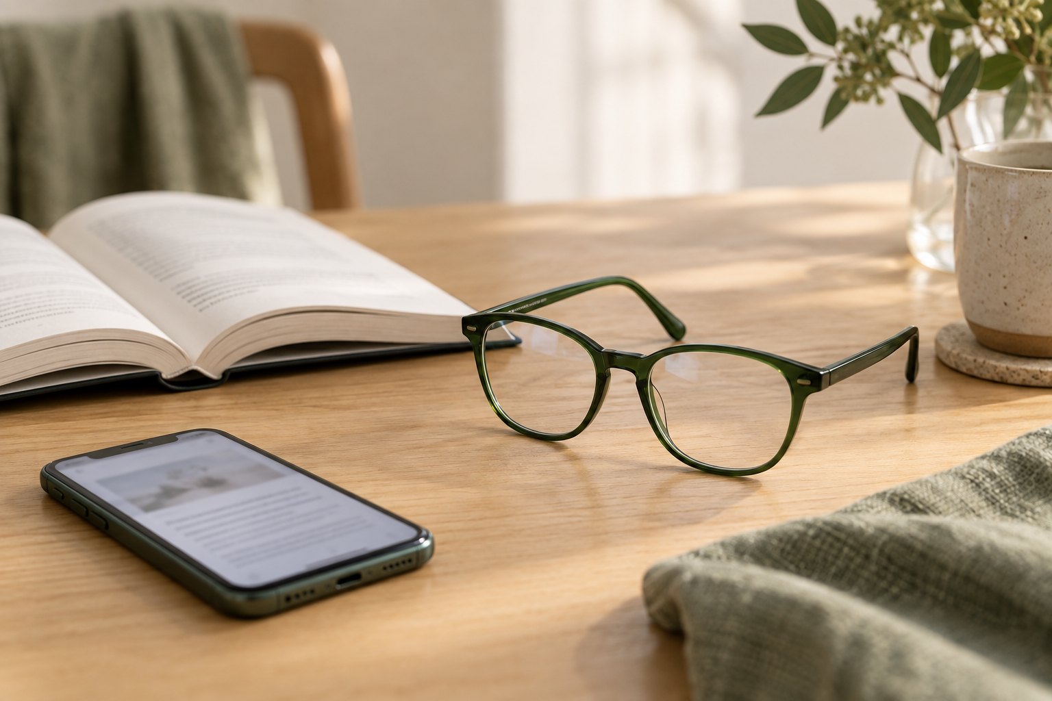 Reading glasses beside an open book and smartphone on a wooden table