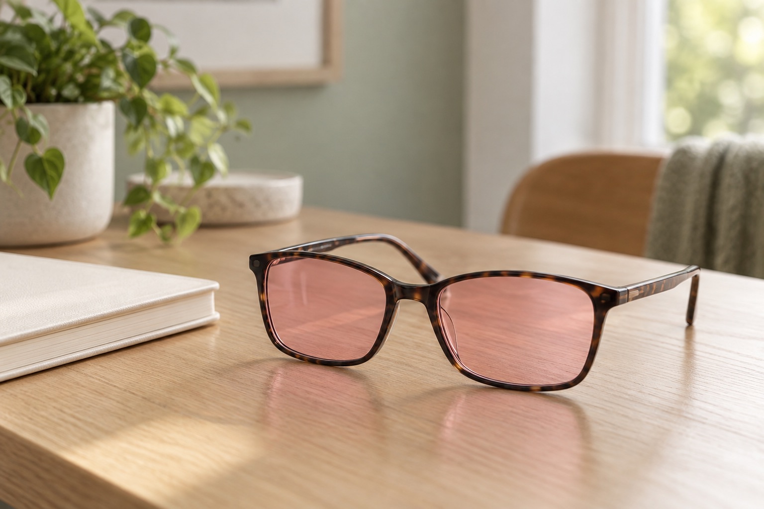 Tortoiseshell spectacles with translucent rose-pink lenses resting on a timber desk.