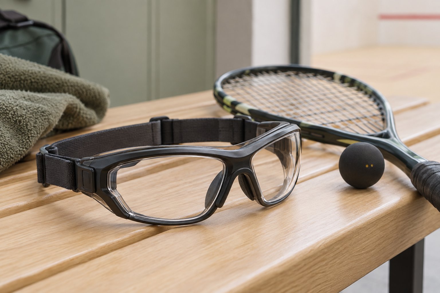 Clear sports goggles with an elastic strap beside a squash racquet and ball.