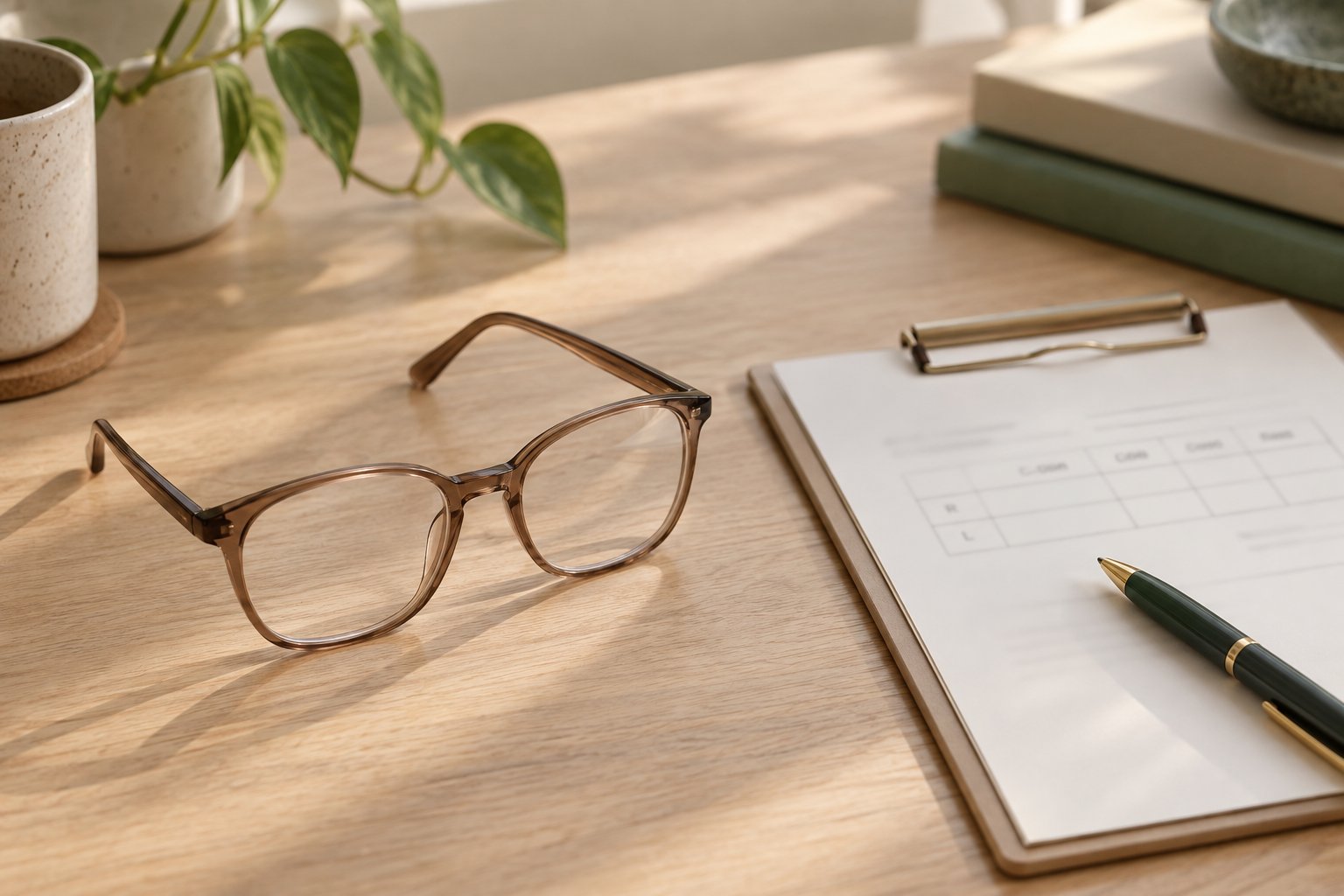 Clear-lens glasses beside a softly blurred prescription form and pen