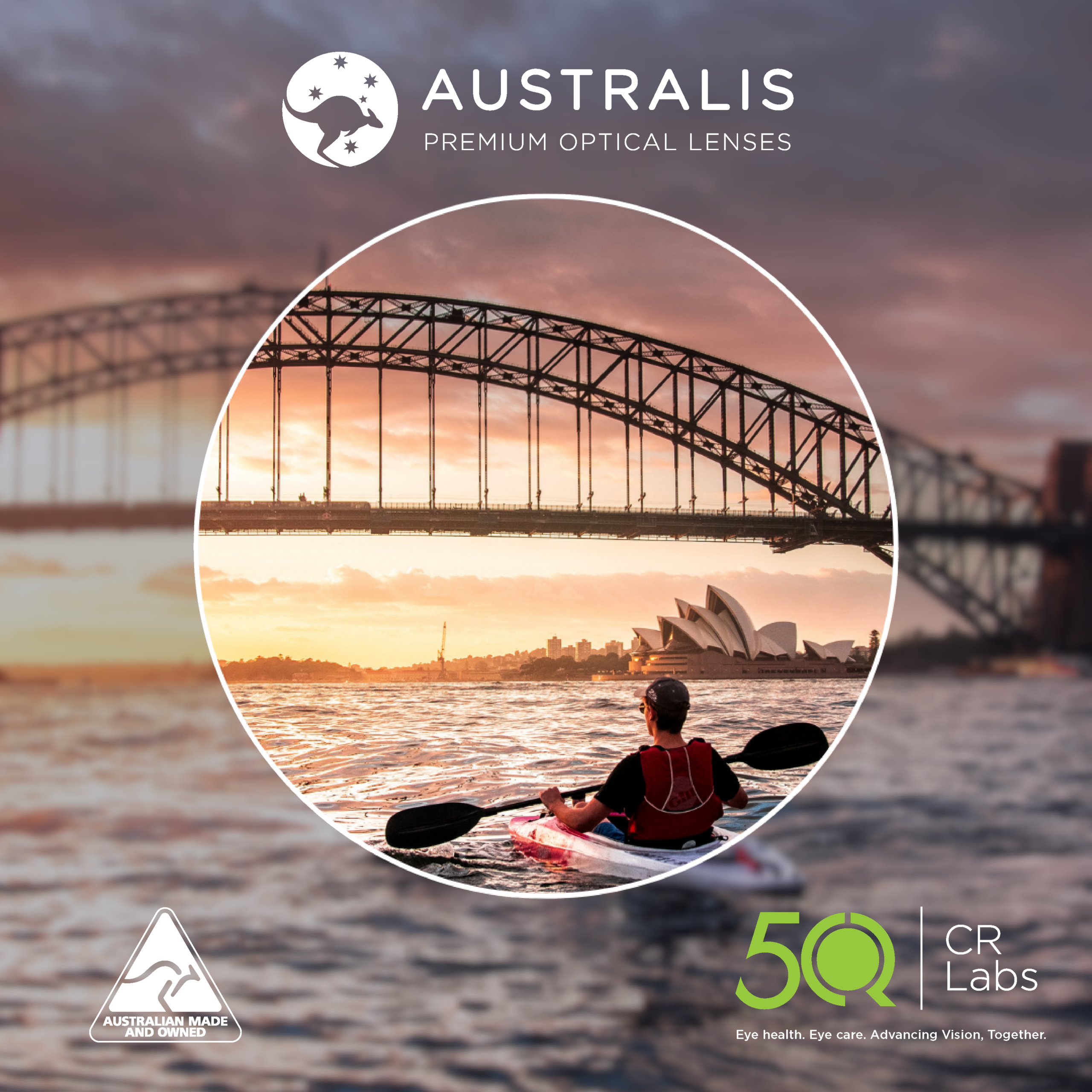 CR Labs Australis Australian Made artwork showing kayakers beside the Sydney Harbour Bridge.