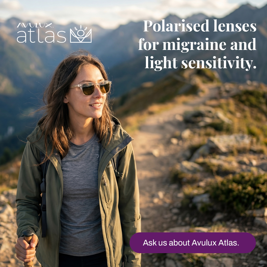 CR Labs Avulux Atlas artwork showing a woman wearing sunglasses outdoors in a mountain landscape.