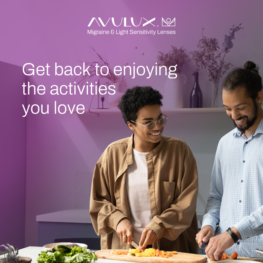 Avulux supplier lifestyle artwork showing two people wearing glasses while preparing food.