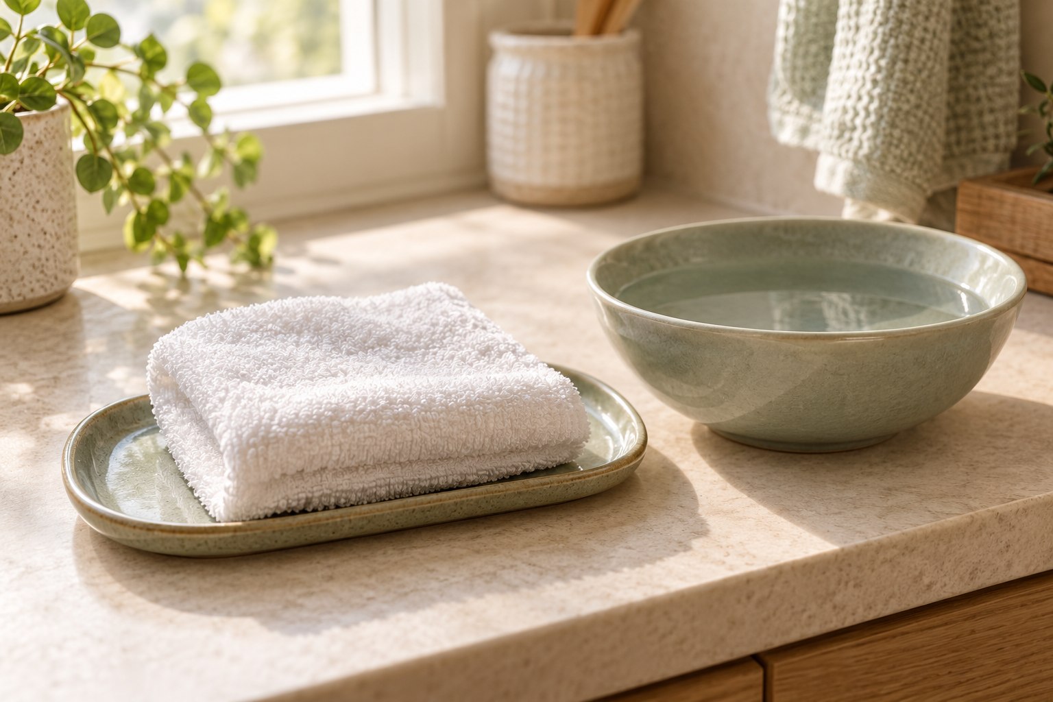 Clean folded face washer beside a bowl of water, illustrating preparation for gentle eyelid care